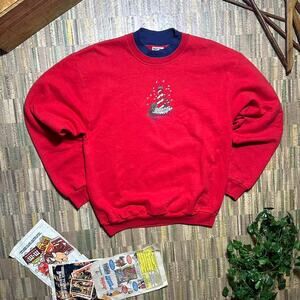 Vintage Grandma Style Red Sweater Mens Medium Lighthouse Graphic Crewneck